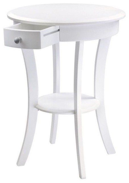 Pemberly Row Wood Round Accent Table with Drawer Curved Legs in White - Transitional - Side ...