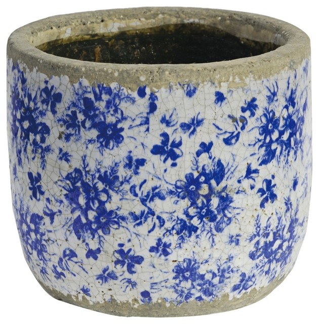Distressed Terracotta Planter With Floral Motif, Blue and White