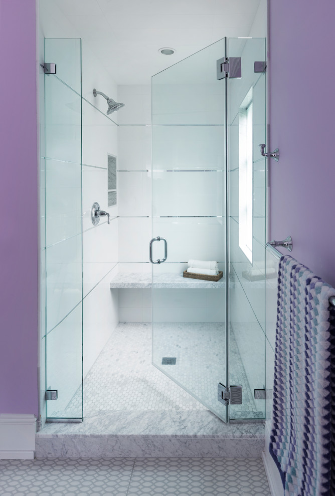 Inspiration for a mid-sized transitional kids bathroom in New York with white cabinets, a freestanding tub, an alcove shower, a two-piece toilet, white tile, marble, pink walls, mosaic tile floors, an undermount sink, marble benchtops, white floor and a hinged shower door.