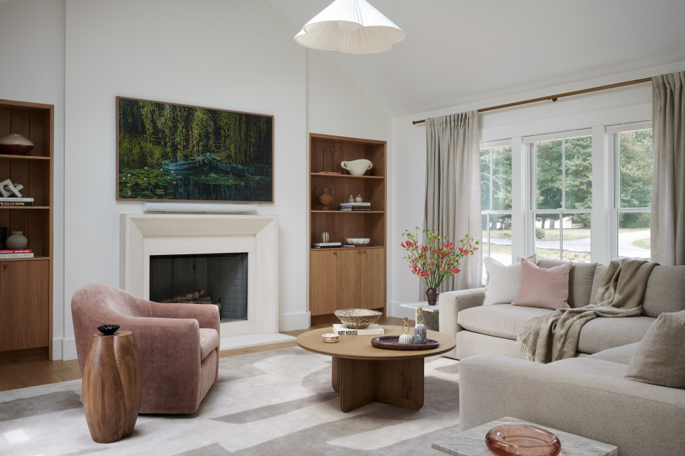 Example of a transitional living room design in Boston