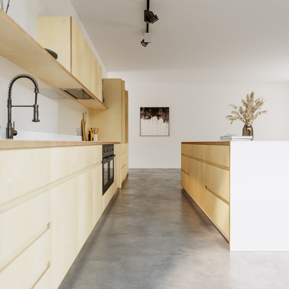 Idéer för ett mellanstort minimalistiskt vit kök, med en dubbel diskho, släta luckor, skåp i ljust trä, laminatbänkskiva, vitt stänkskydd, glaspanel som stänkskydd, svarta vitvaror, betonggolv, en köksö och grått golv