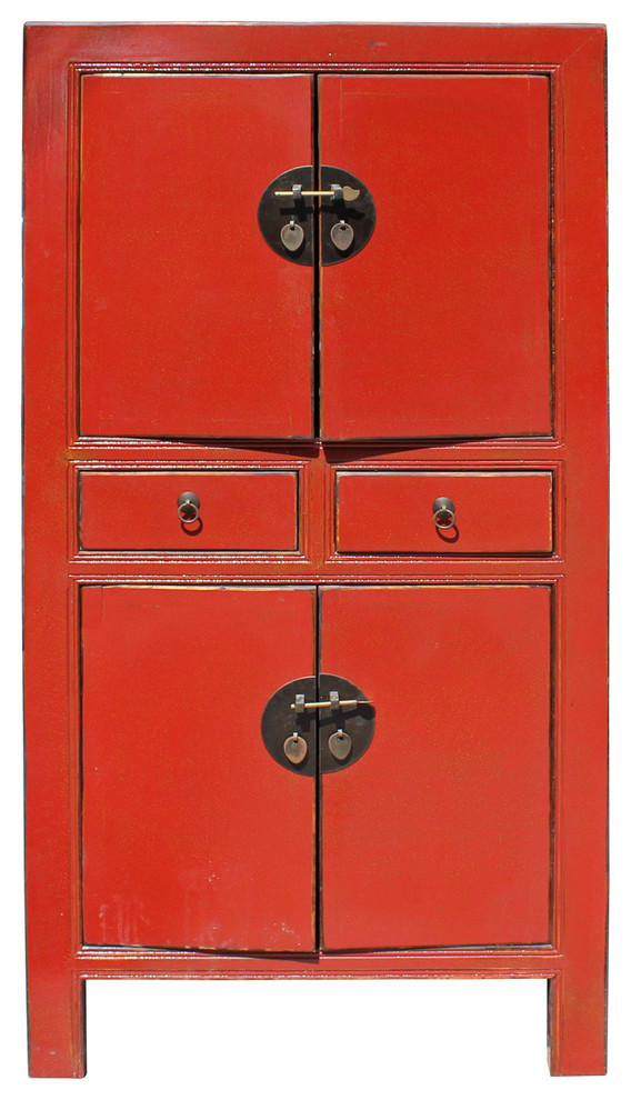 Chinese Distressed Rustic Orange Red Two Shelves Storage Cabinet ...