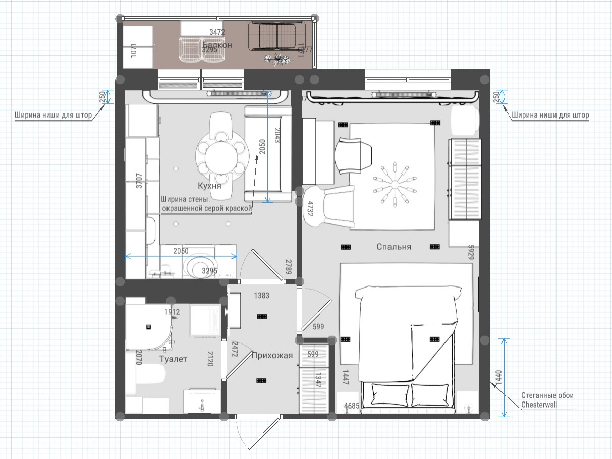 Яркая однокомнатная квартира с гардеробной и без (2 варианта планировки)