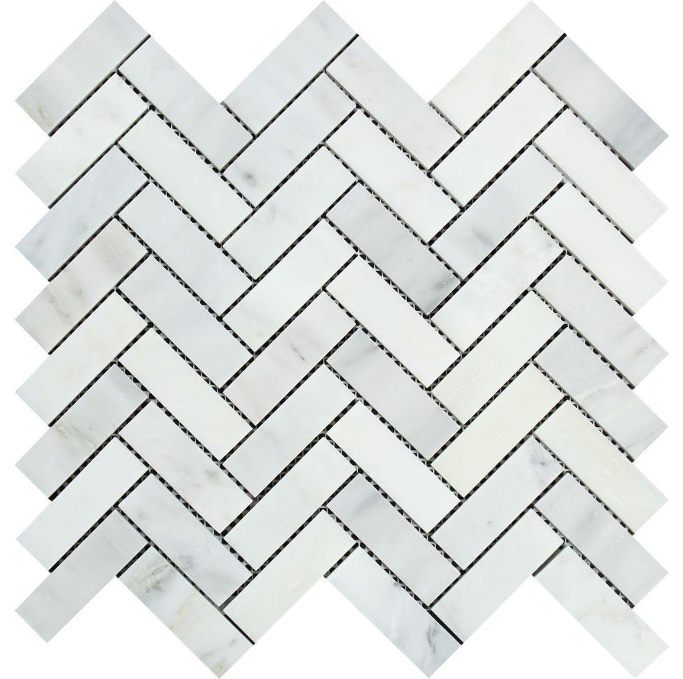 Oriental White Marble Herringbone Mosaic, 1 X 3 Honed