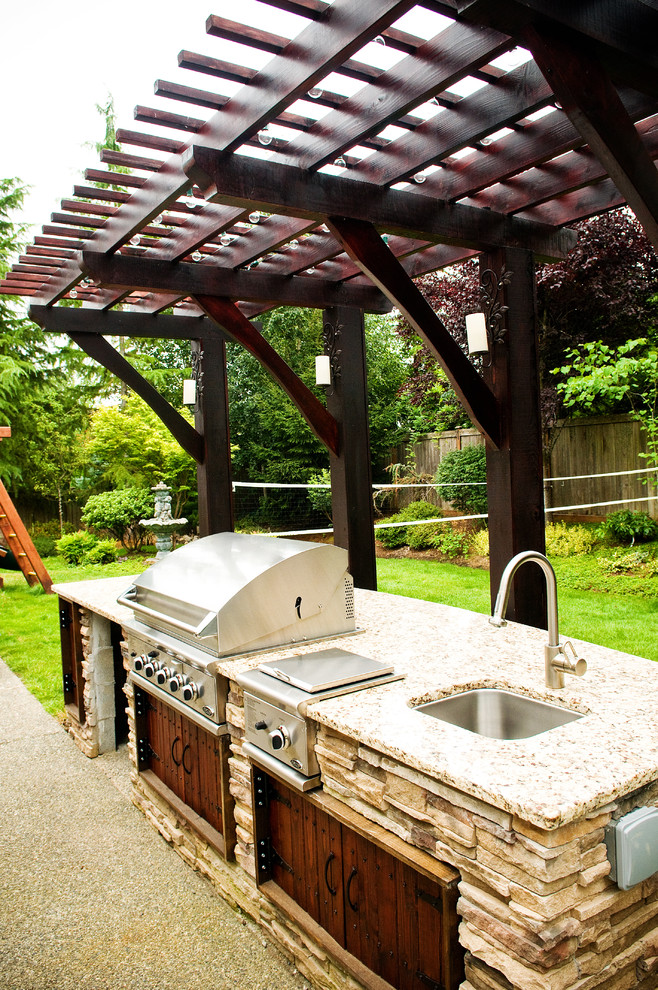 Photo of a mid-sized traditional backyard patio in Seattle with a fire feature, decomposed granite and no cover.