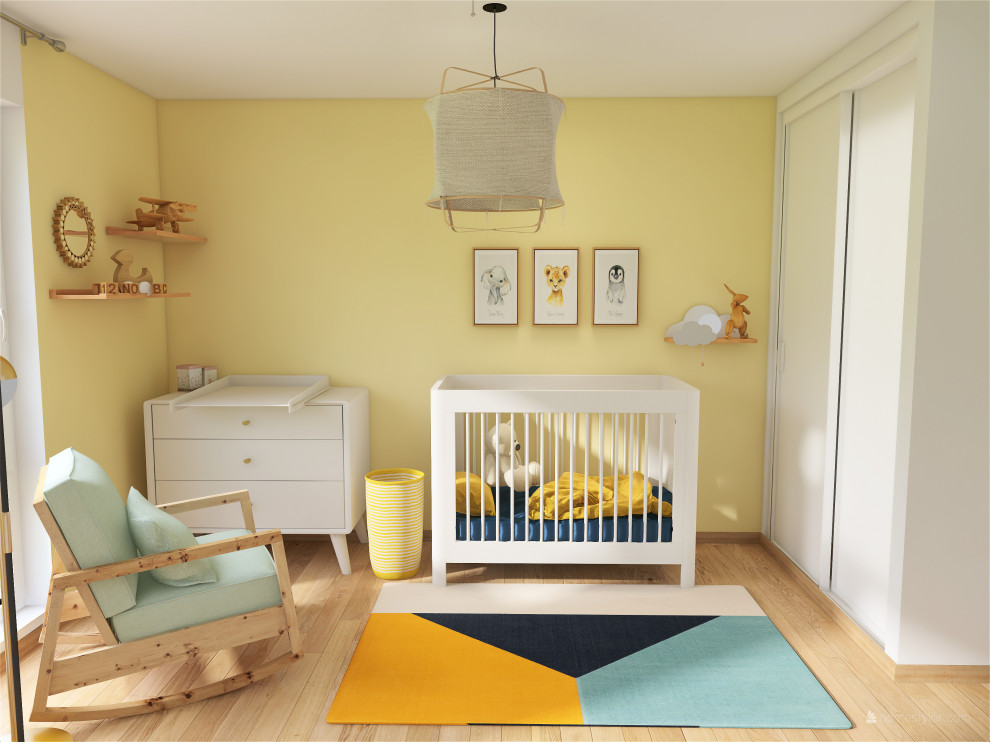 Idéer för ett litet modernt könsneutralt babyrum, med gula väggar