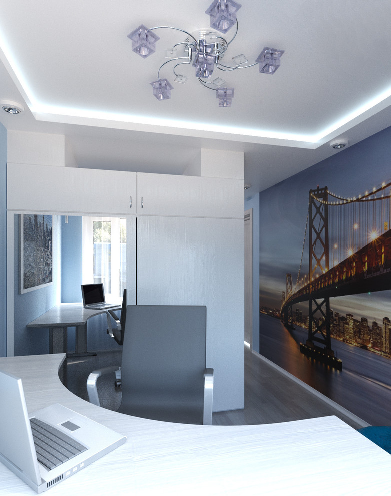 Уютная и многофункциональная комната в голубых тонах.