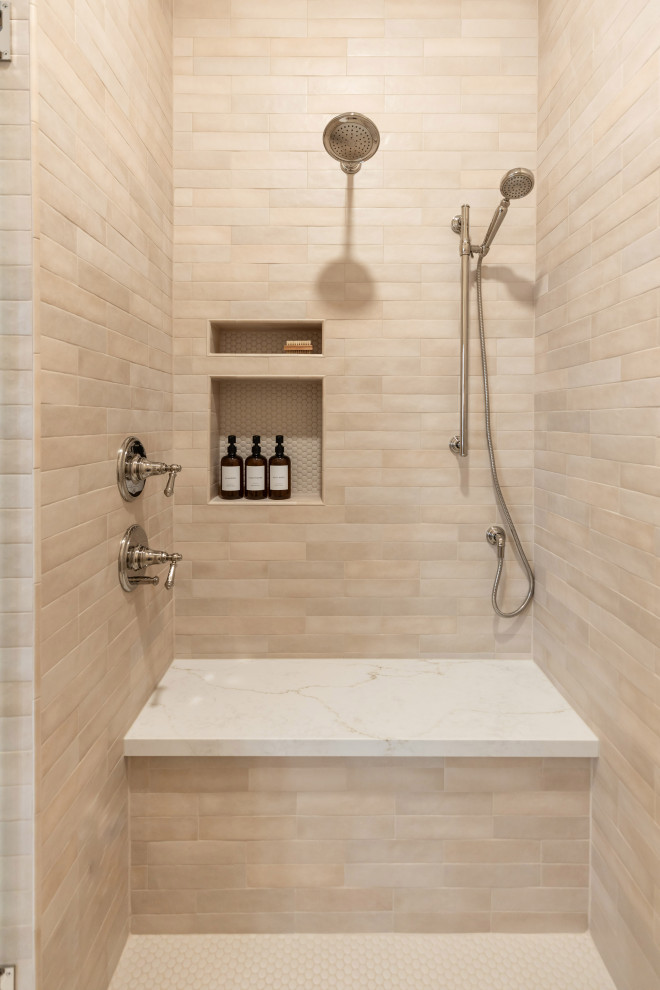 Inspiration for a large transitional master beige tile and porcelain tile porcelain tile, beige floor, double-sink and wallpaper freestanding bathtub remodel in Phoenix with furniture-like cabinets, brown cabinets, white walls, an undermount sink, quartz countertops, a hinged shower door, white countertops and a freestanding vanity