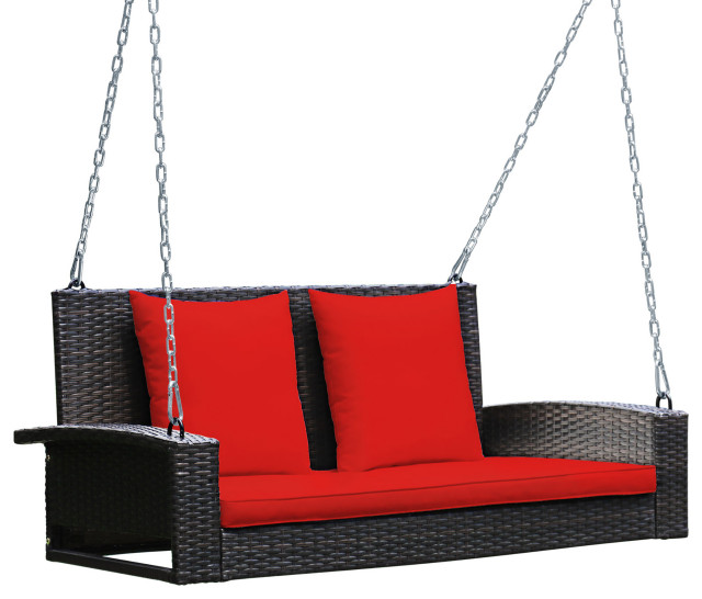 Costway 2-Person Patio Rattan Hanging Porch Swing Bench Chair Cushion Red