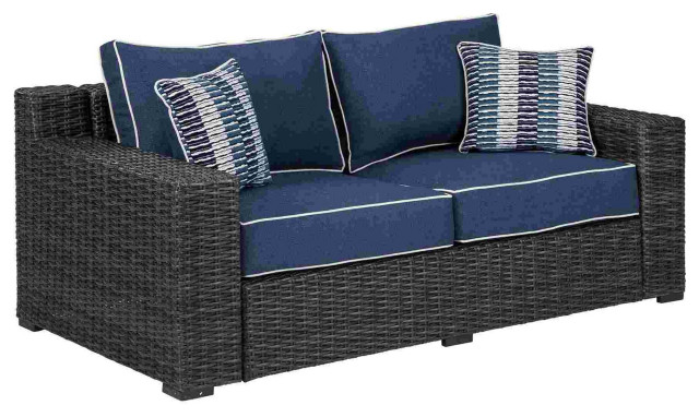 Benzara BM262988 Loveseat With Resin Wicker and Zipper Cushions, Brown and Blue