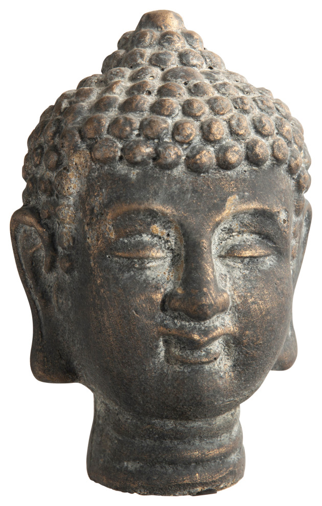 Cement Buddha Head Figurine Distressed Concrete Gold Finish Asian