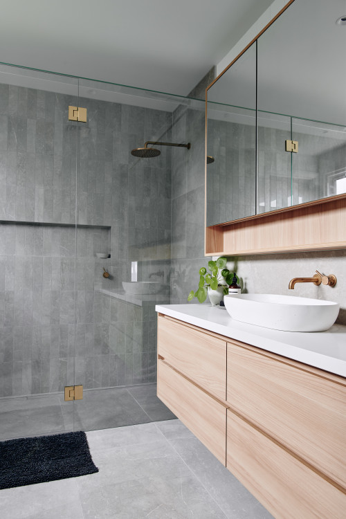 Coastal Elegance: Wood Flat Panels and Contemporary Bathroom Vanity with White Quartz Tops