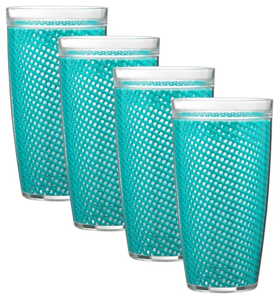 Fishnet Doublewall Drinkware Glasses, Teal, 22 oz., Set of 4