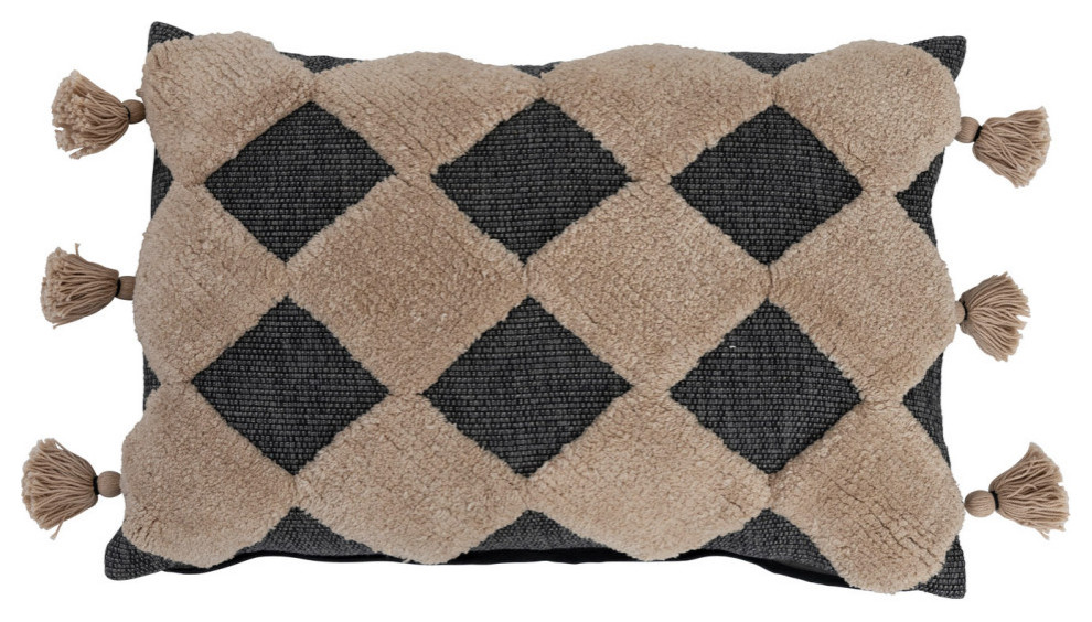 Cotton Lumbar Pillow With Tufted Diamond Pattern and Tassels