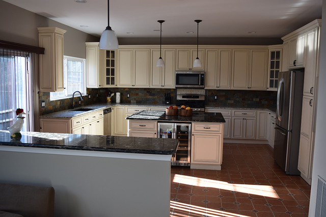 Linen Cabinets With Light Quartz Countertop And Dark Quartz