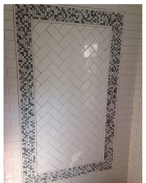 Inspiration for a mid-sized transitional black and white tile, gray tile and subway tile bathroom remodel