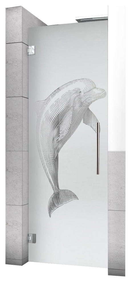 Hinged Alcove Shower Door With Dolphin Design, Semi-Private, 32"x75" Inches, Left