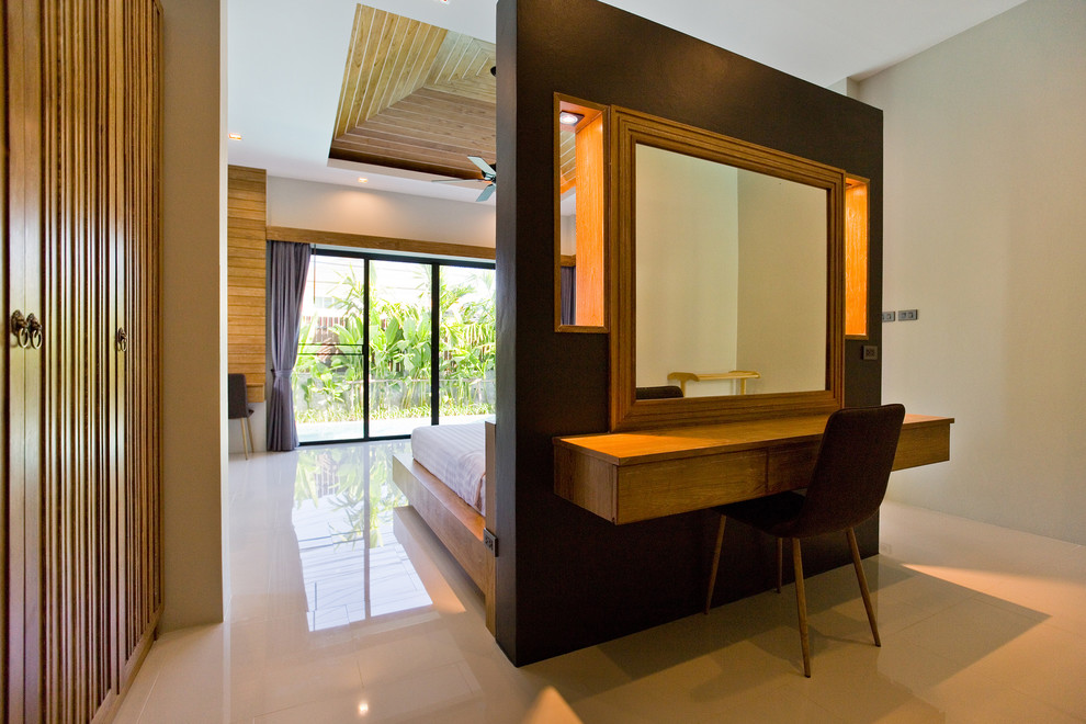 Photo of a large contemporary master bedroom in Saint Petersburg with white walls, ceramic floors and white floor.