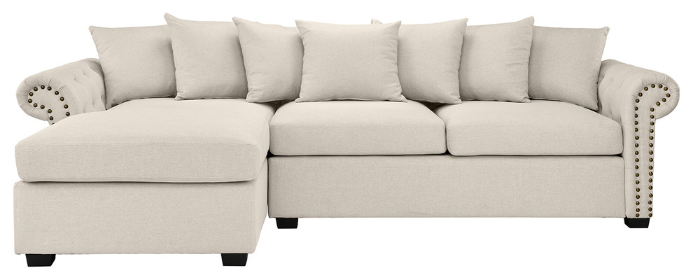 Modern Linen Fabric Scroll Arm L Shape Sectional Sofa, Beige