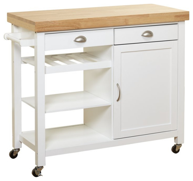 Modern Kitchen Cart, 3 Open Shelves & Storage Drawers With Natural Top, White