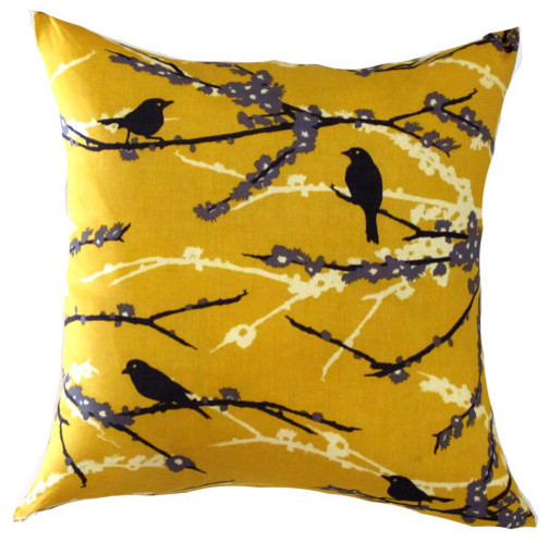 Yellow Pillow Cover-Mustard Bird Pillow-Yellow Floral Pillow-Yellow Cushion- 16x
