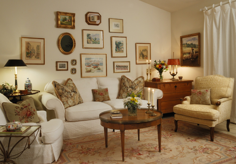Traditional enclosed living room in Los Angeles with beige walls.