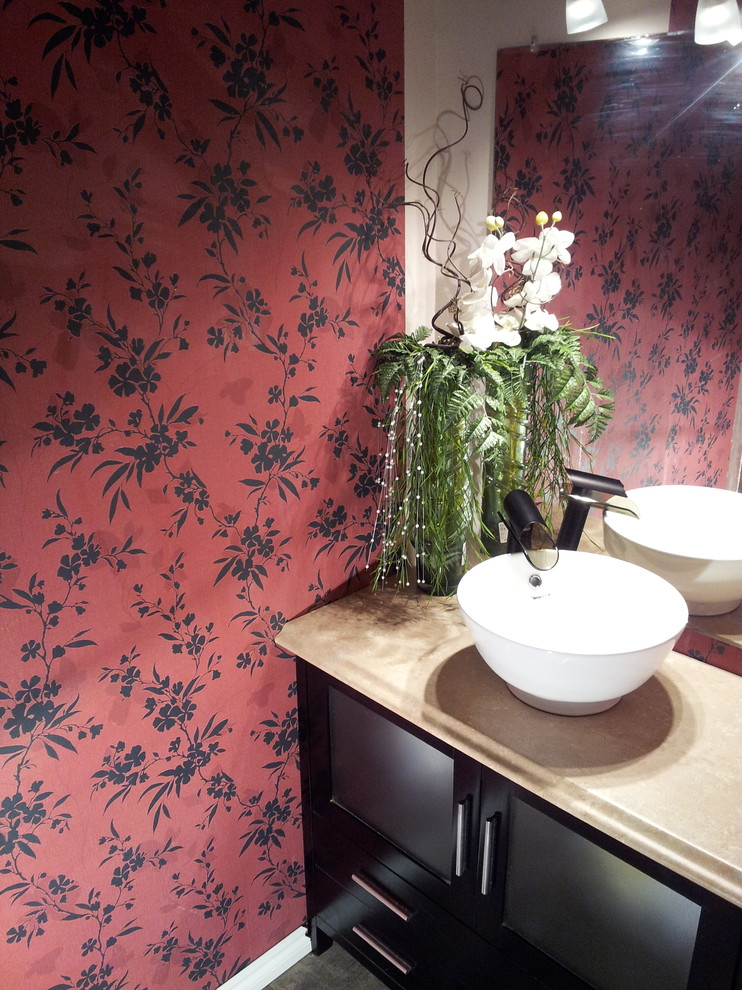 Contemporary powder room in Other with red walls.
