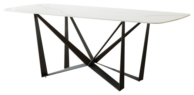 Modern Simplicity Style Rectangular Slate Top Dining Table, Black Pedestal, 62.99 in