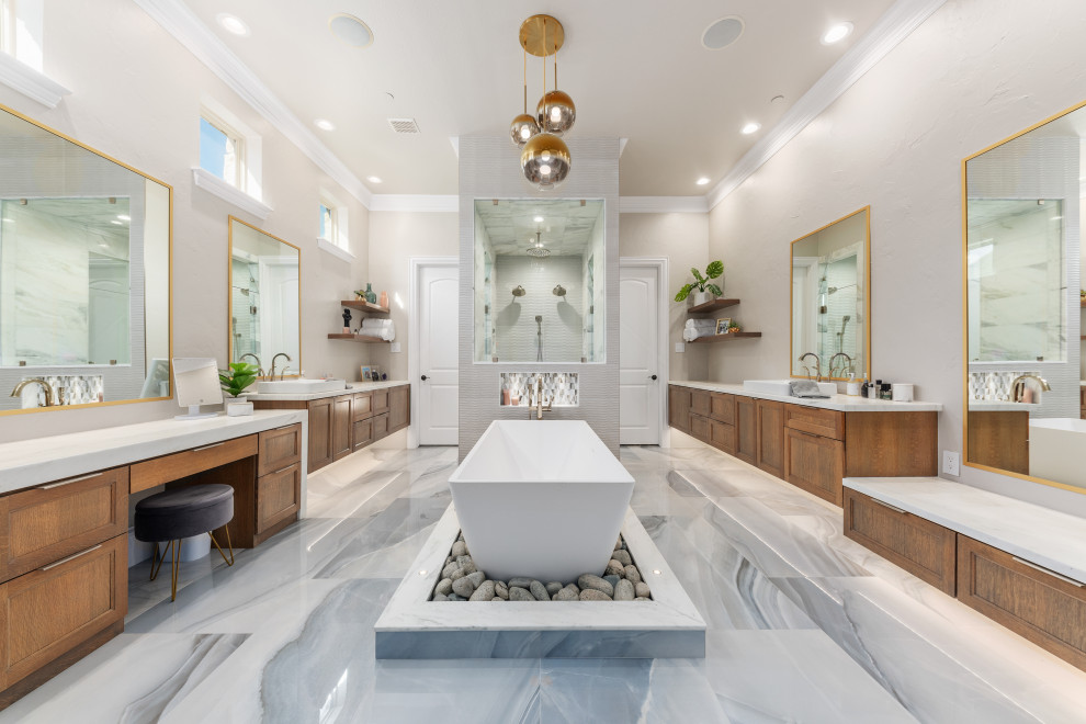 Design ideas for an expansive contemporary master bathroom in Dallas with shaker cabinets, medium wood cabinets, a freestanding tub, a double shower, white tile, porcelain tile, grey walls, porcelain floors, a vessel sink, quartzite benchtops, blue floor, a hinged shower door, white benchtops, a shower seat, a double vanity and a floating vanity.