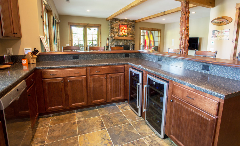 Inspiration for a mid-sized craftsman walk-out slate floor basement remodel with beige walls