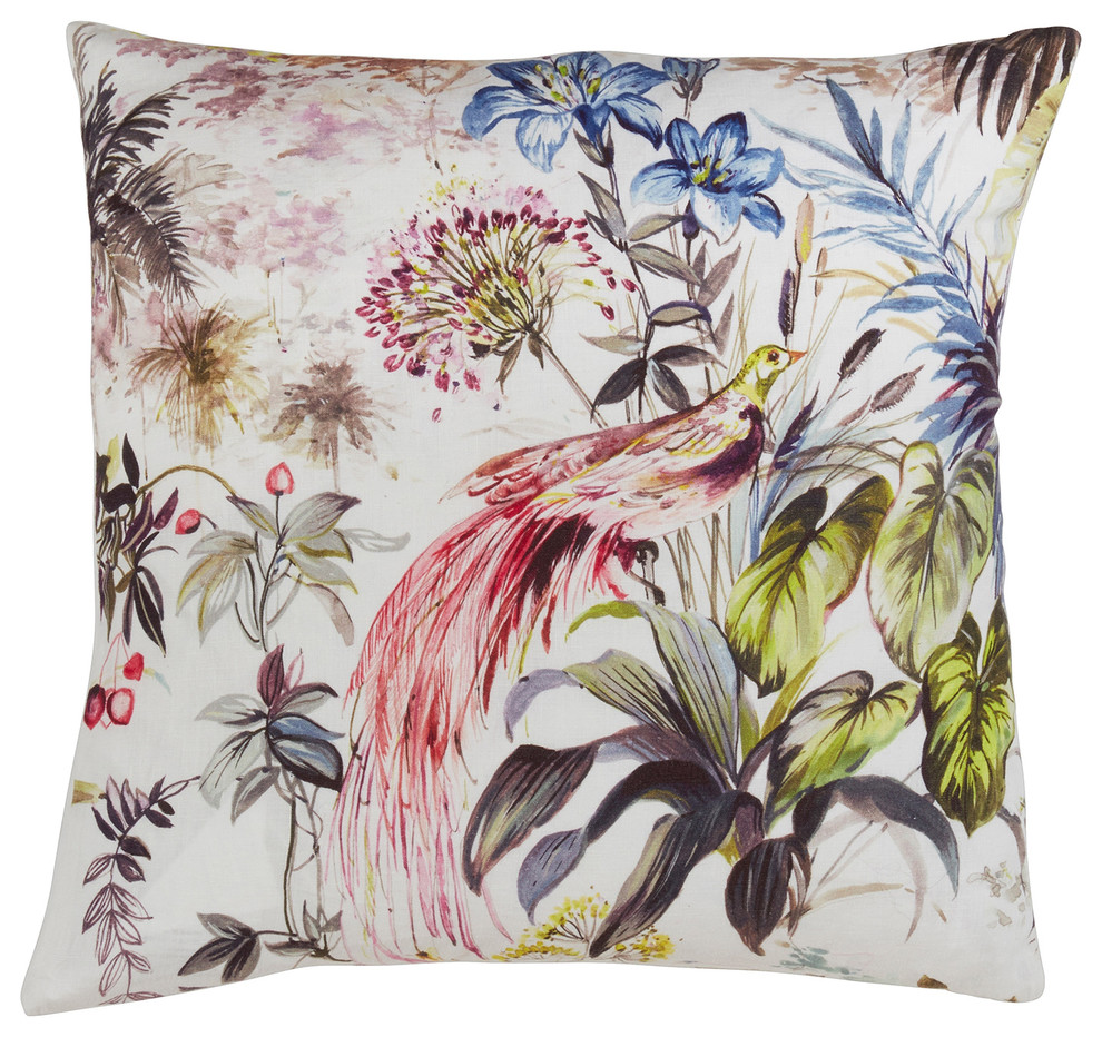 Watercolor Tropical Phoenix Birds Down Linen Throw Pillow