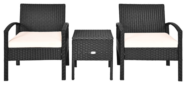 Costway 3PC Outdoor Patio Rattan Furniture Set Storage Table Cushioned Black