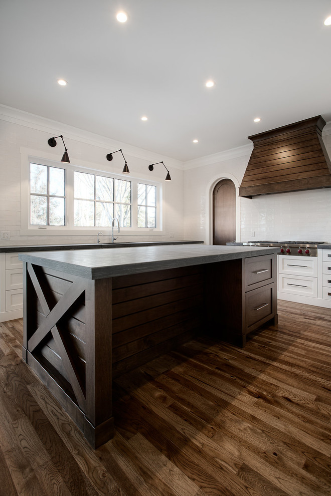 Inspiration for a large transitional u-shaped eat-in kitchen remodel in Calgary with shaker cabinets, paneled appliances and an island