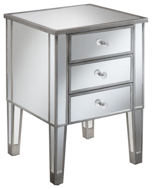 Gold Coast 3 Drawer Mirrored Glass End Table in Antique Silver Finish