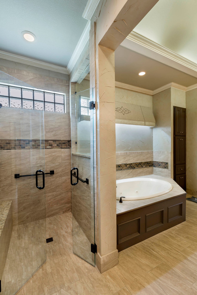 Transitional master bathroom photo in Dallas with an undermount sink, quartzite countertops and beige walls