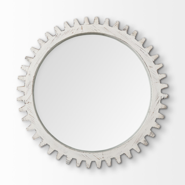 Sundance Off-White Solid Wood Frame Round Cog Mirror, 36