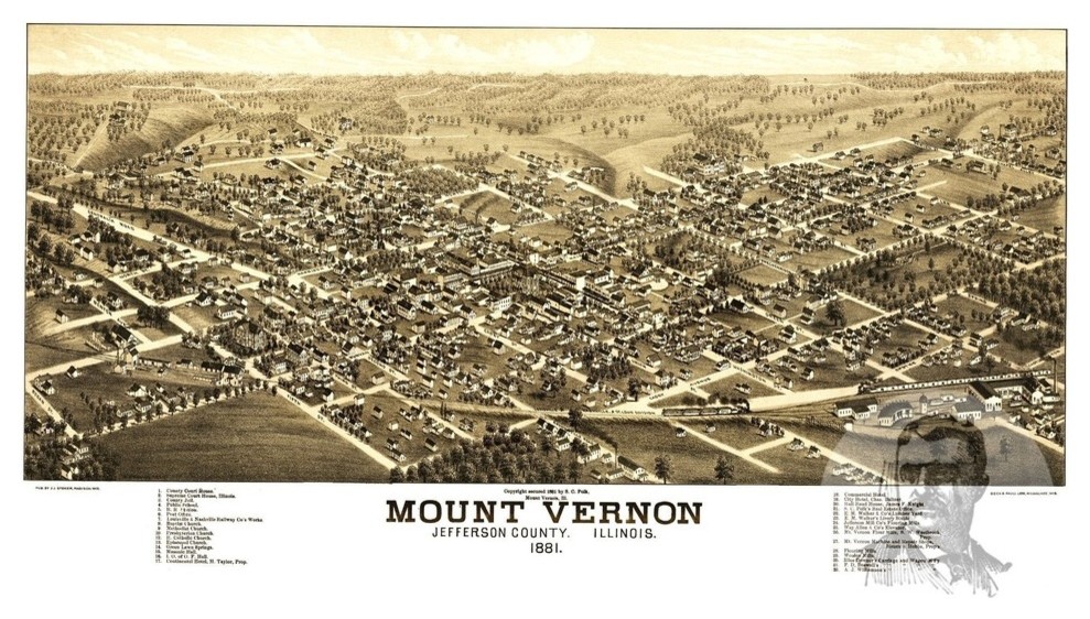 Map of Mount Vernon Illinois 1881 Vintage home Deco Style old wall reproduction map print. The King City Jefferson County