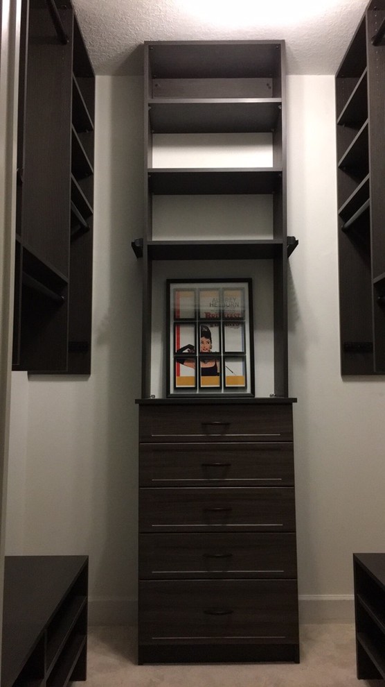 Small contemporary men's walk-in wardrobe in Other with raised-panel cabinets, dark wood cabinets, carpet and beige floor.