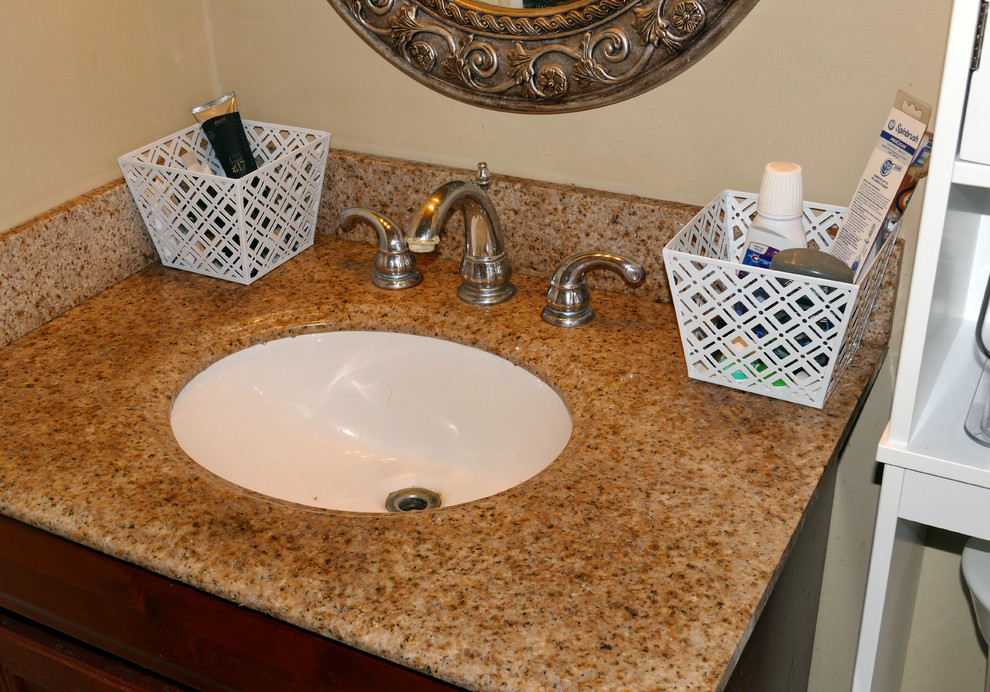 Small contemporary 3/4 bathroom in Tampa with beige tile, beige walls, beaded inset cabinets, white cabinets, an alcove tub, an alcove shower, glass sheet wall, granite benchtops and an undermount sink.