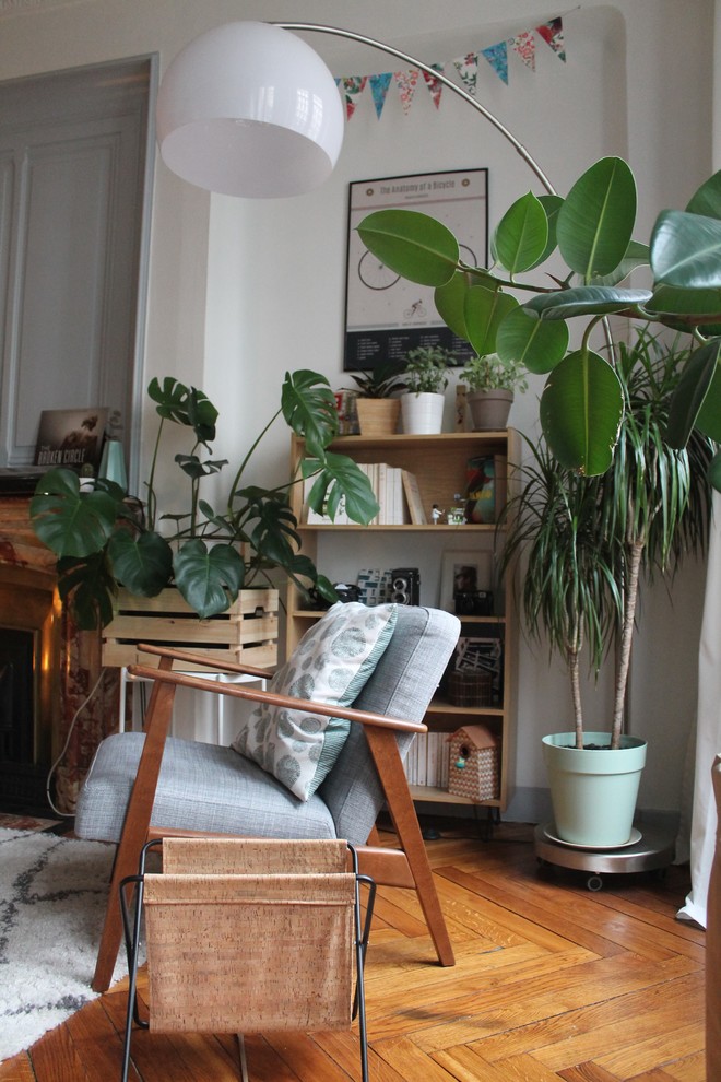 This is an example of a mid-sized scandinavian enclosed living room in Lyon with green walls, medium hardwood floors, a standard fireplace and no tv.