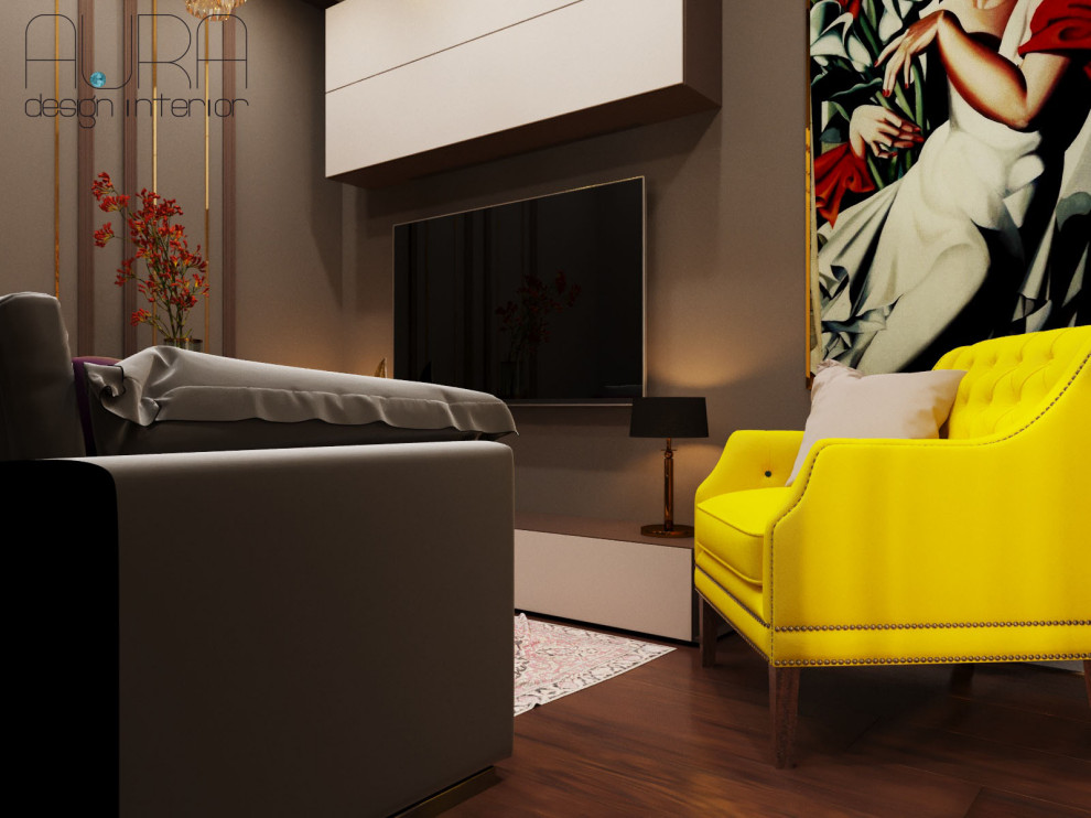 Дизайн квартиры, спальня гостиная в темных тонах