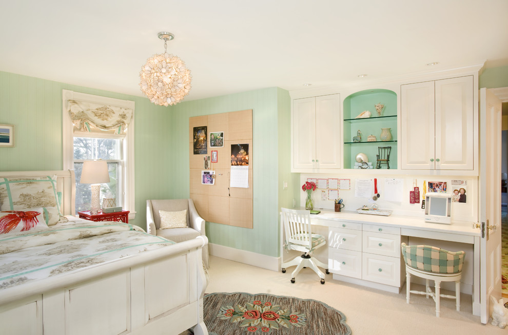 This is an example of a beach style kids' room in Boston with green walls.