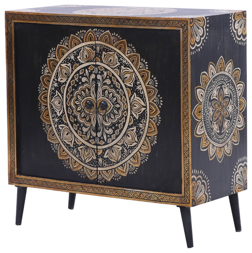 Towhee Black HandPainted Mandala Wooden Storage Midcentury Storage by