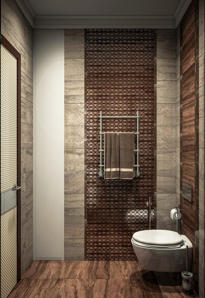 Inspiration for a modern master bathroom in San Francisco with a corner shower, beige tile, ceramic tile, beige walls, painted wood floors, an undermount sink, glass benchtops, brown floor, a hinged shower door, white benchtops, a single vanity, coffered and panelled walls.