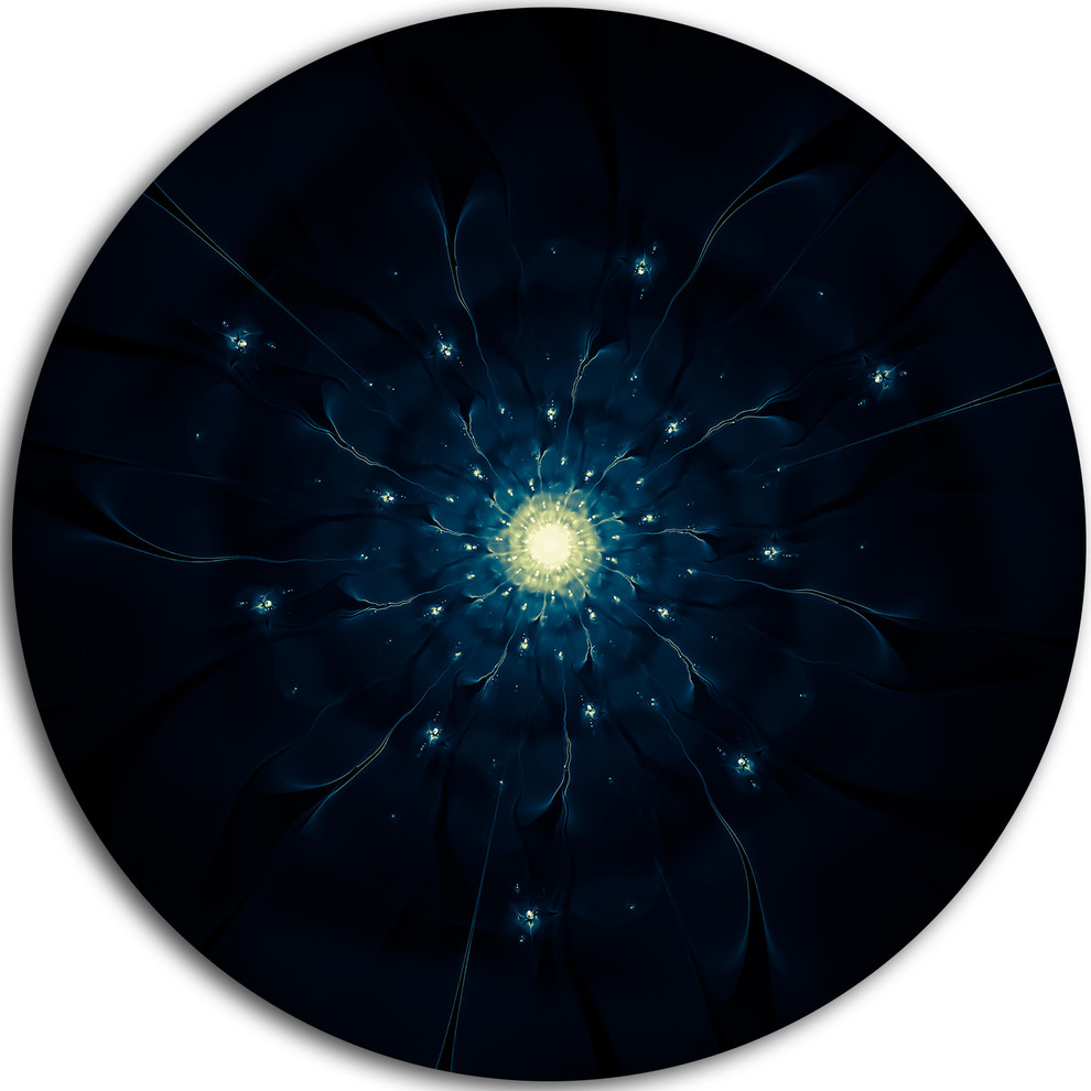 Glowing Fractal Flower Blue On Black Floral Disc Metal Wall Art Contemporary Metal Wall Art By Design Art Usa