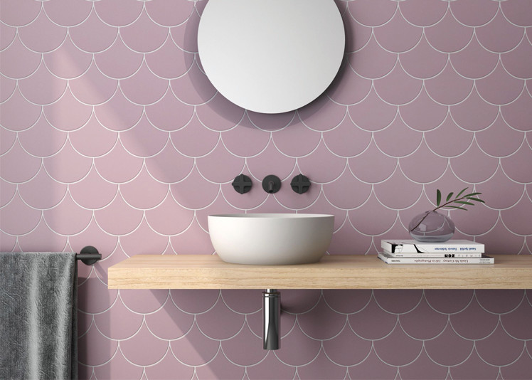 Modern powder room in Other with ceramic tile and purple walls.