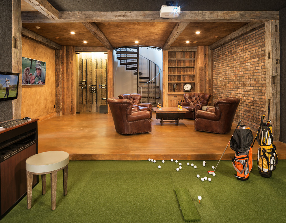 This is an example of a country fully buried basement in Minneapolis with medium hardwood floors and green floor.