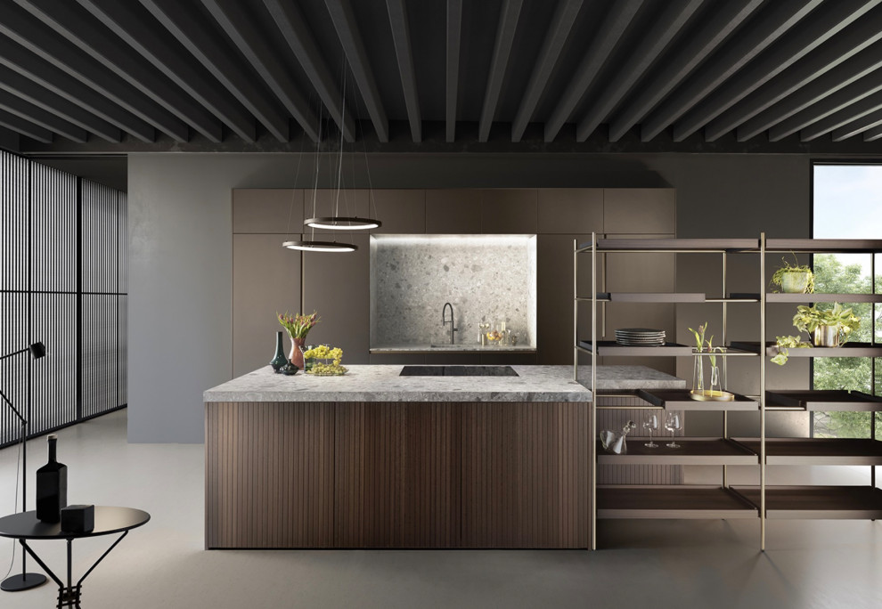 Design ideas for a large modern galley open plan kitchen in Other with a submerged sink, flat-panel cabinets, dark wood cabinets, granite worktops, grey splashback, marble splashback, stainless steel appliances, concrete flooring, an island, grey floors, grey worktops and exposed beams.