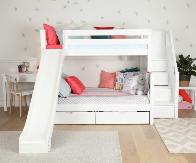 White Twin Over Full Bunk Bed With, Twin Loft Bed With Storage And Slide