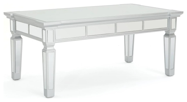 Contemporary Coffee Table, Mirrored Design With Carved Legs, Large Top, Silver